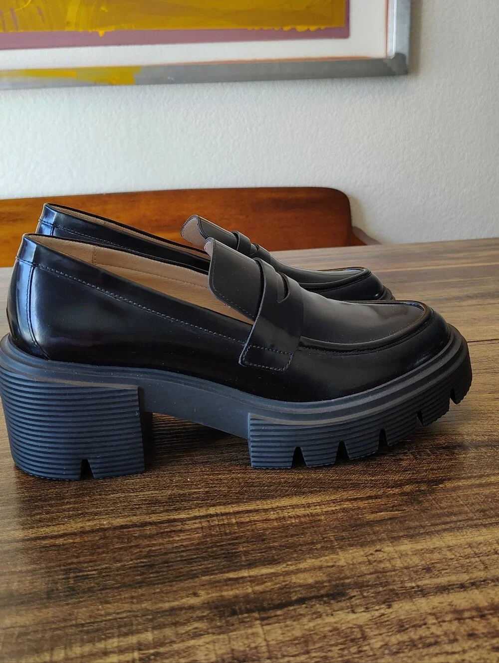 Stuart Weitzman Hudson Lite Shoes  Womens 9 B Black Leather Lug Platform Loafers